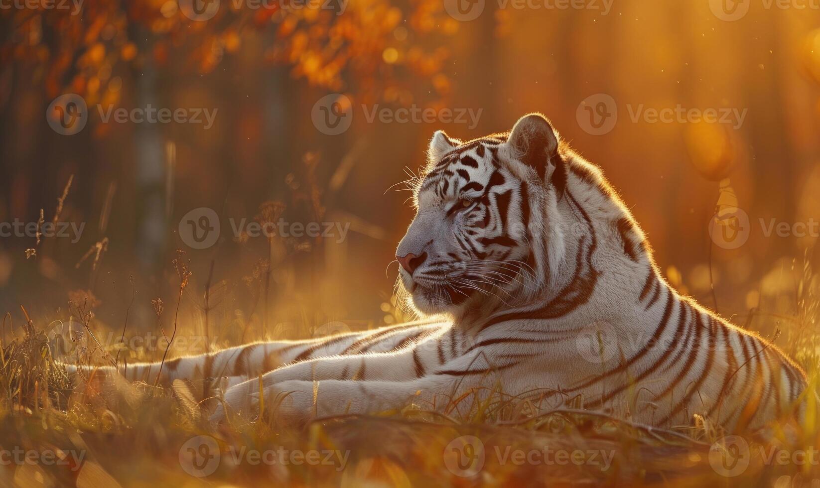 A white tiger basking in the warm glow of the setting sun photo
