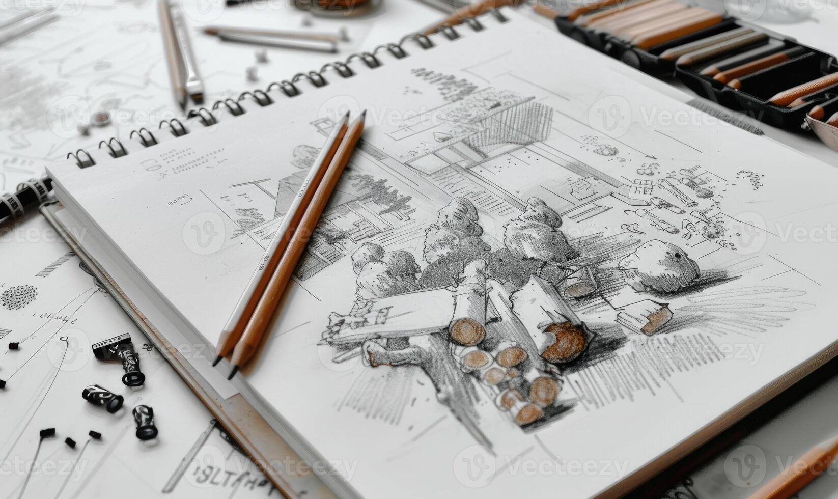 A sketchpad with pencil sketches and doodles scattered across its pages photo