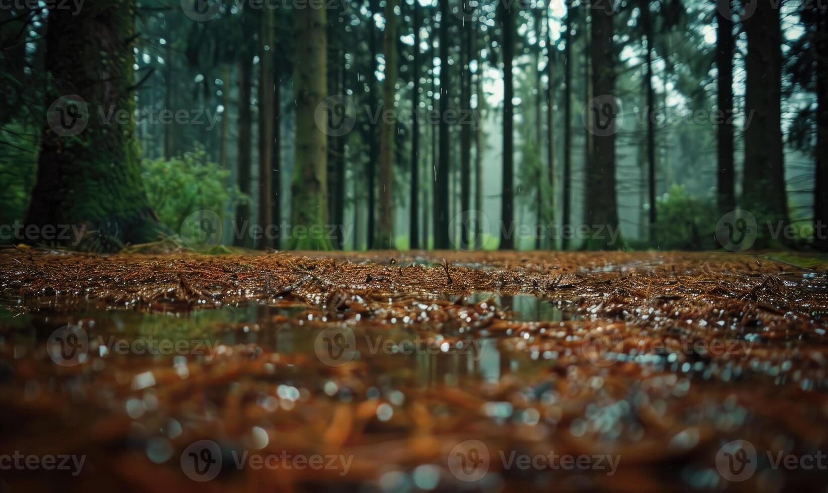 un sereno bosque escena con un alfombra de cedro agujas foto