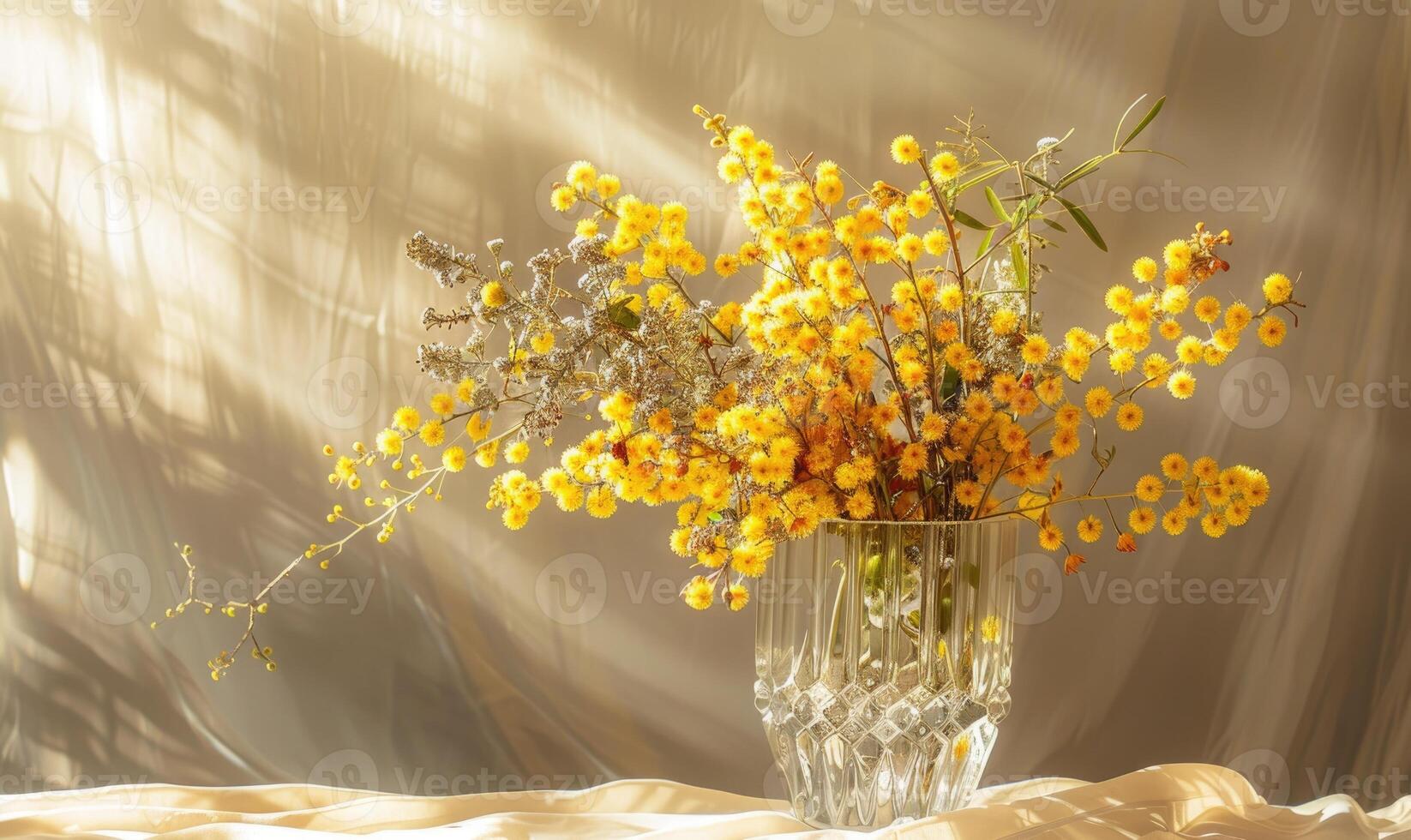 Bouquet of blooming Mimosa branches in glass vase photo