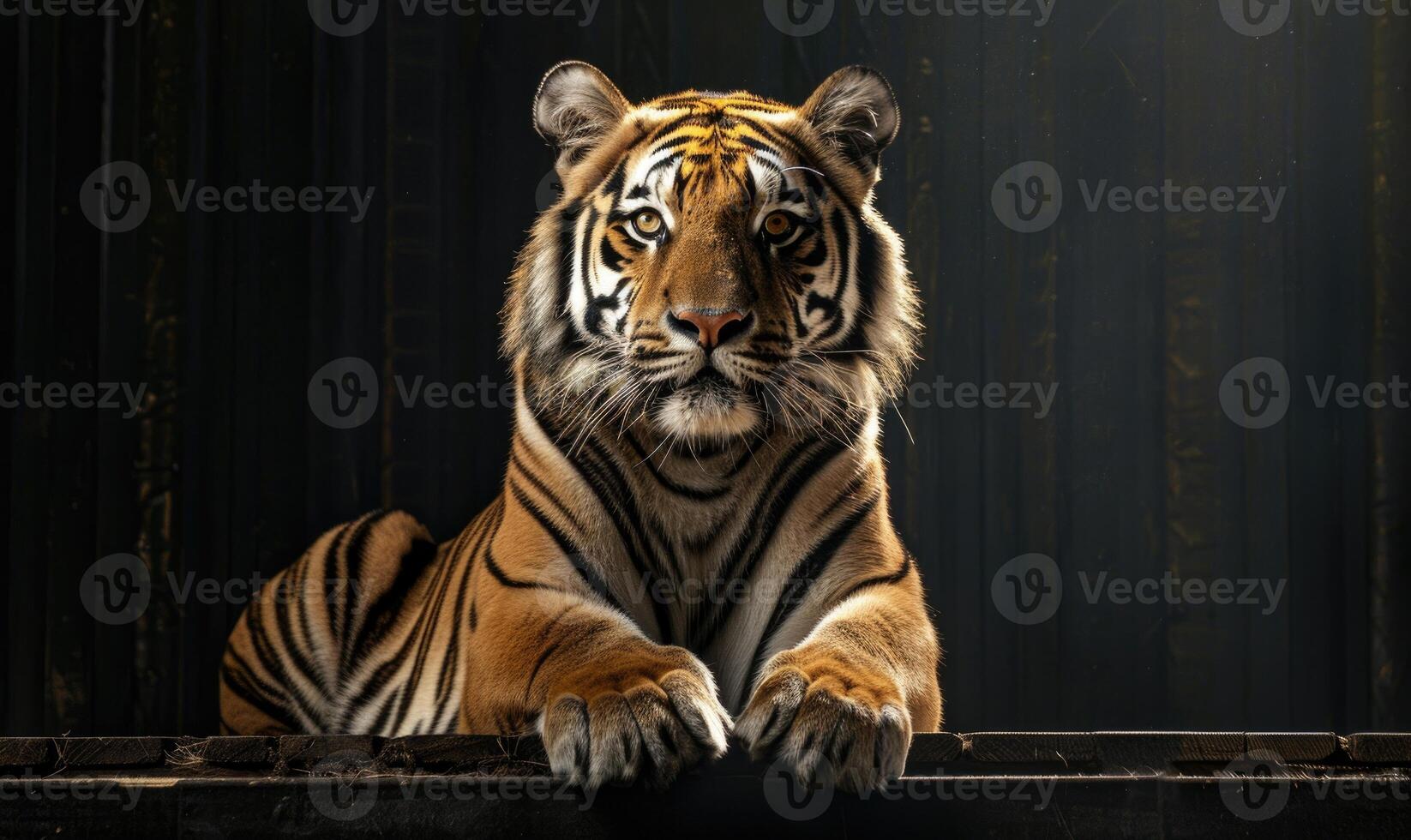 An Amur tiger posed on a platform under studio lights, black background photo