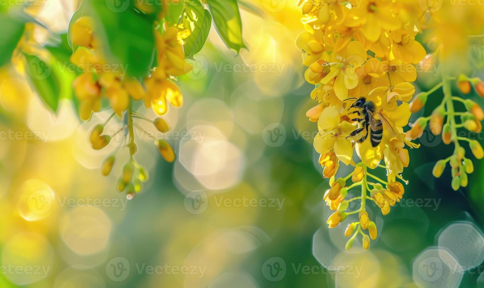 Close-up of a bee collecting nectar from laburnum flowers photo