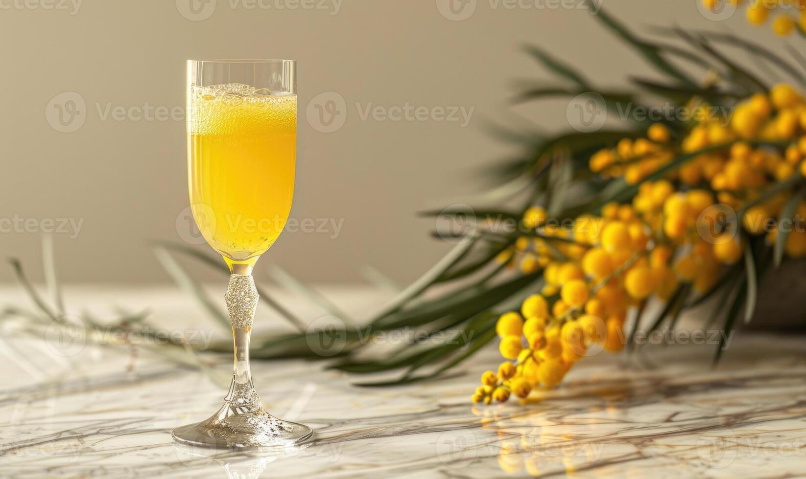 Cocktail in a glass goblet with mimosa branches in the background photo