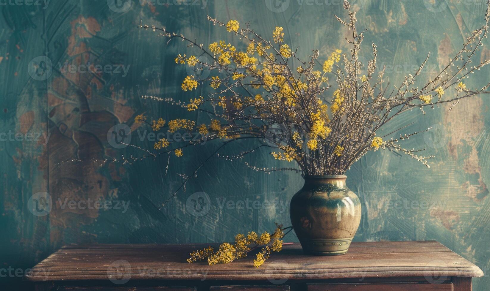 A vintage dresser adorned with a vase of yellow and white wild flowers photo