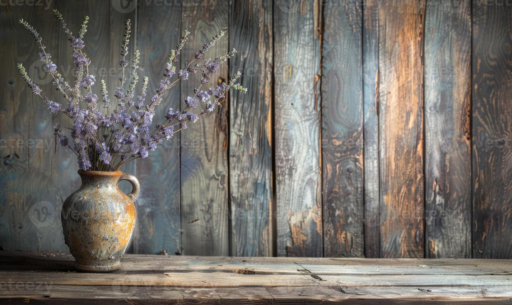 A rustic wooden table adorned with a weathered vase filled with wildflowers photo