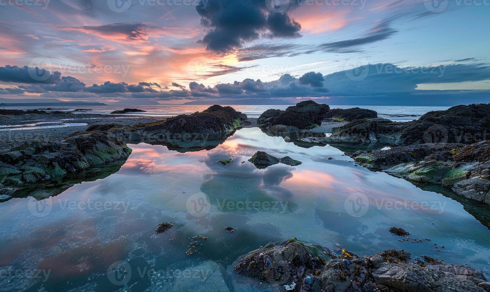 un pacífico marea piscina reflejando el colores de el cielo a crepúsculo foto