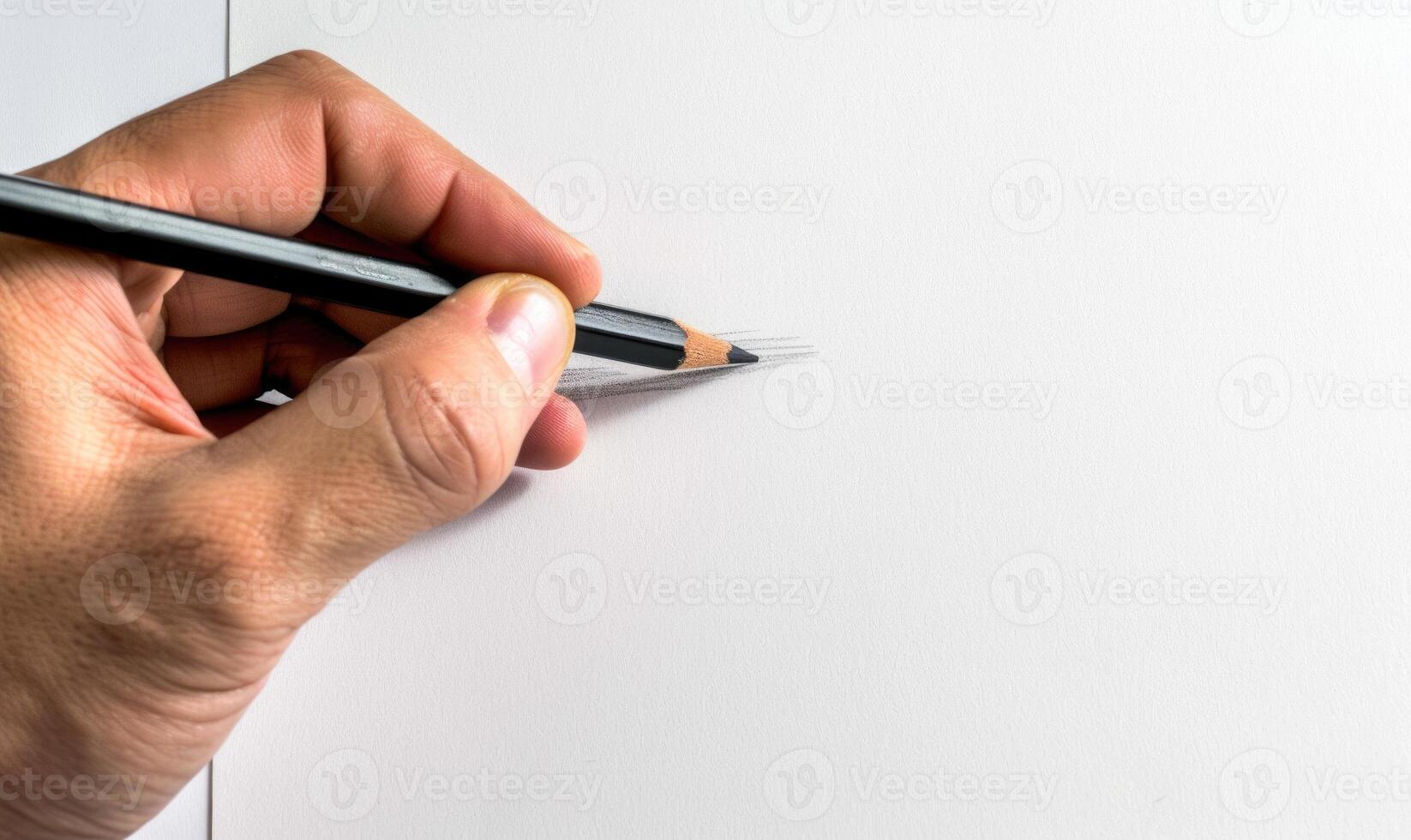 A hand holding a graphite pencil poised over a blank sheet of white paper photo