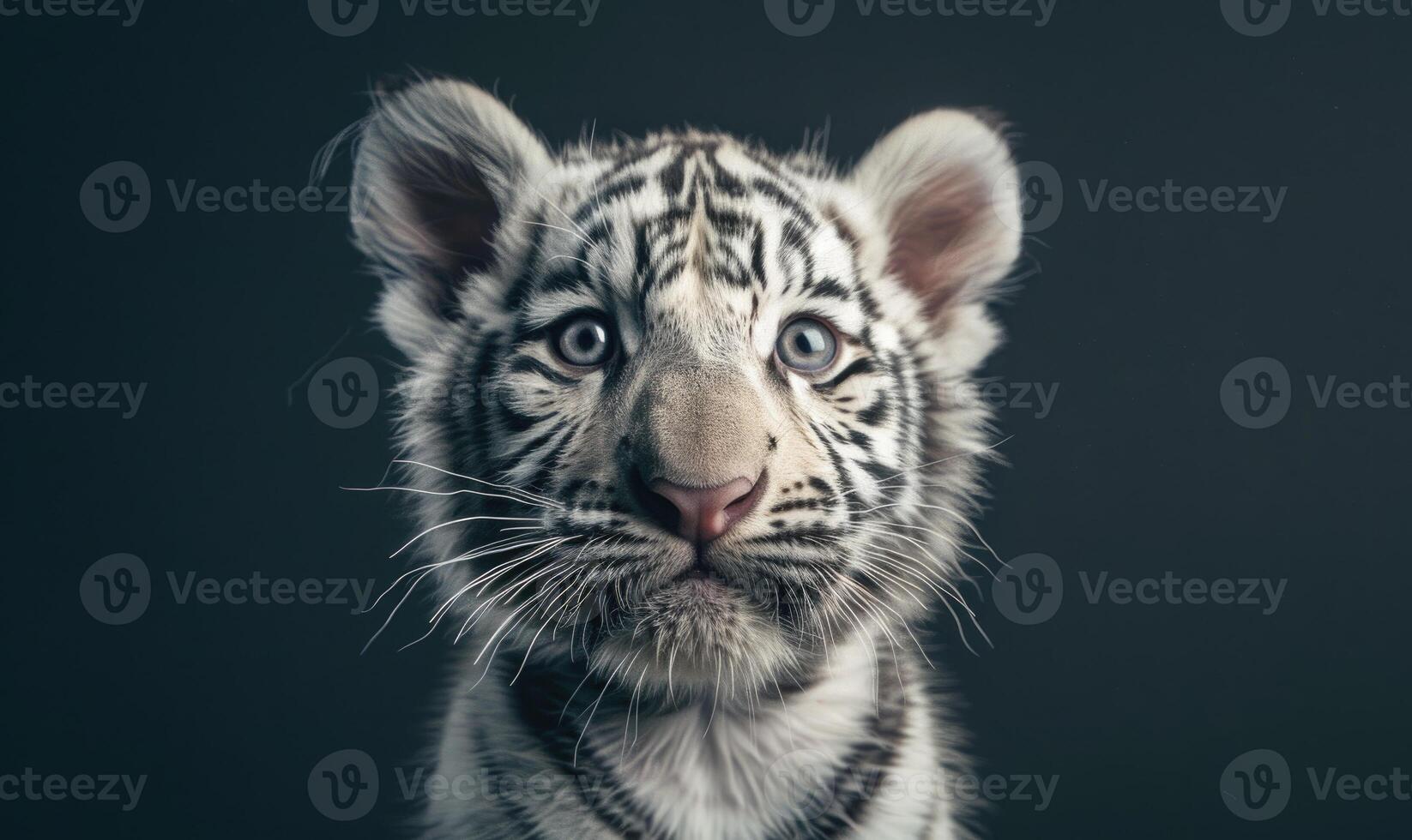 Close-up of a white tiger cub playing under studio lights photo