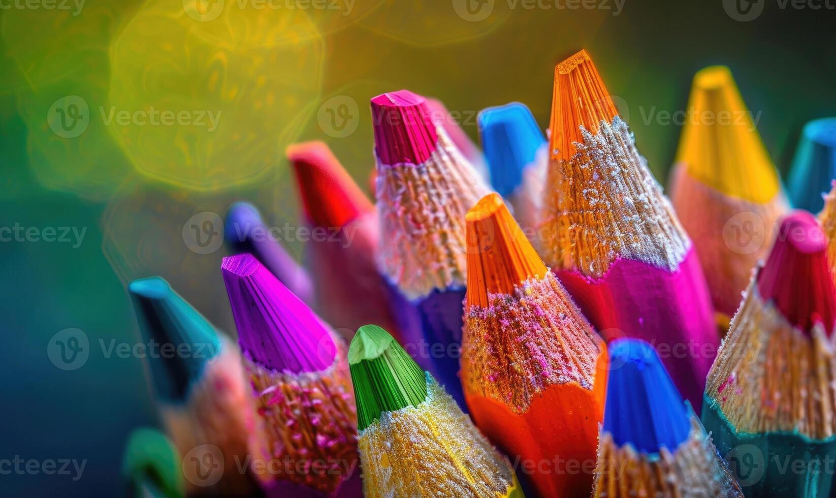 Close-up of a bunch of colored pencils, abstract background with colored pencils macro view photo