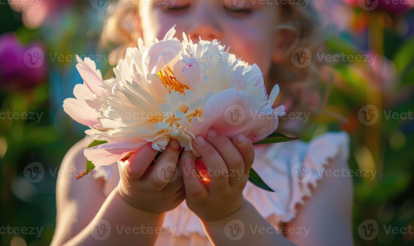 Close-up of a peony flower being held by a child in a garden photo