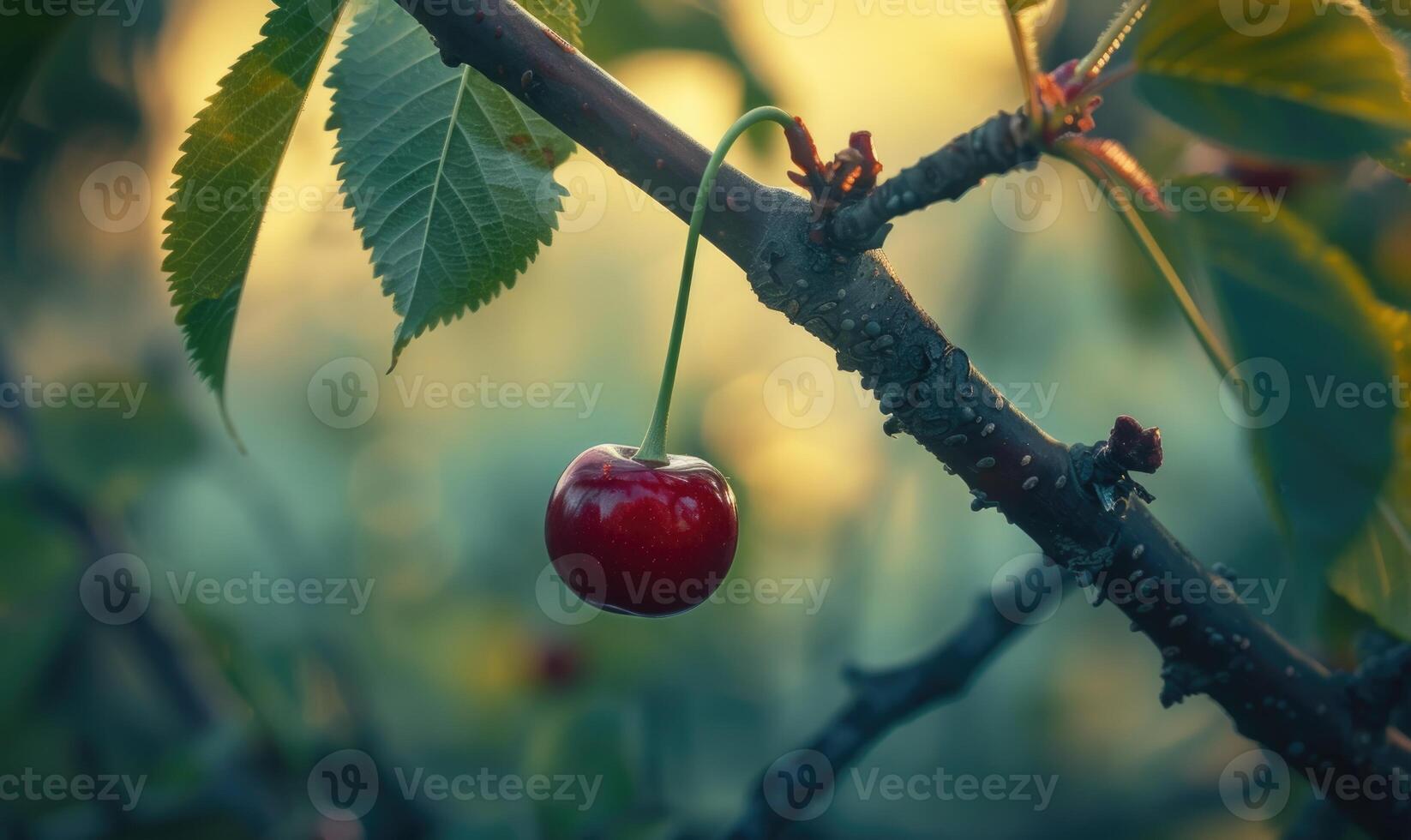 Close-up of a single ripe cherry hanging from a tree branch photo