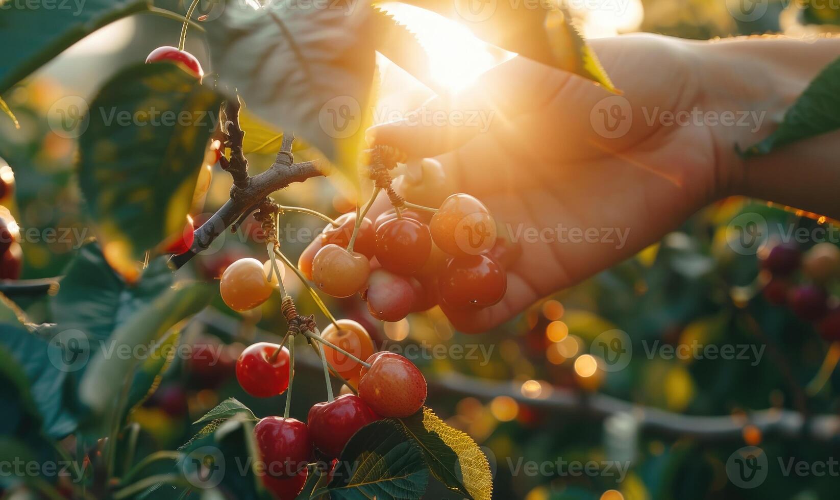 Close-up of a ripe cherry being plucked from a tree photo