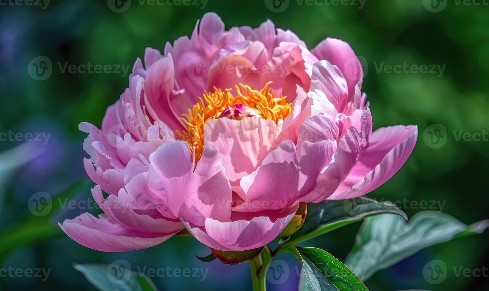 Close-up of a pink peony in full bloom in a garden photo