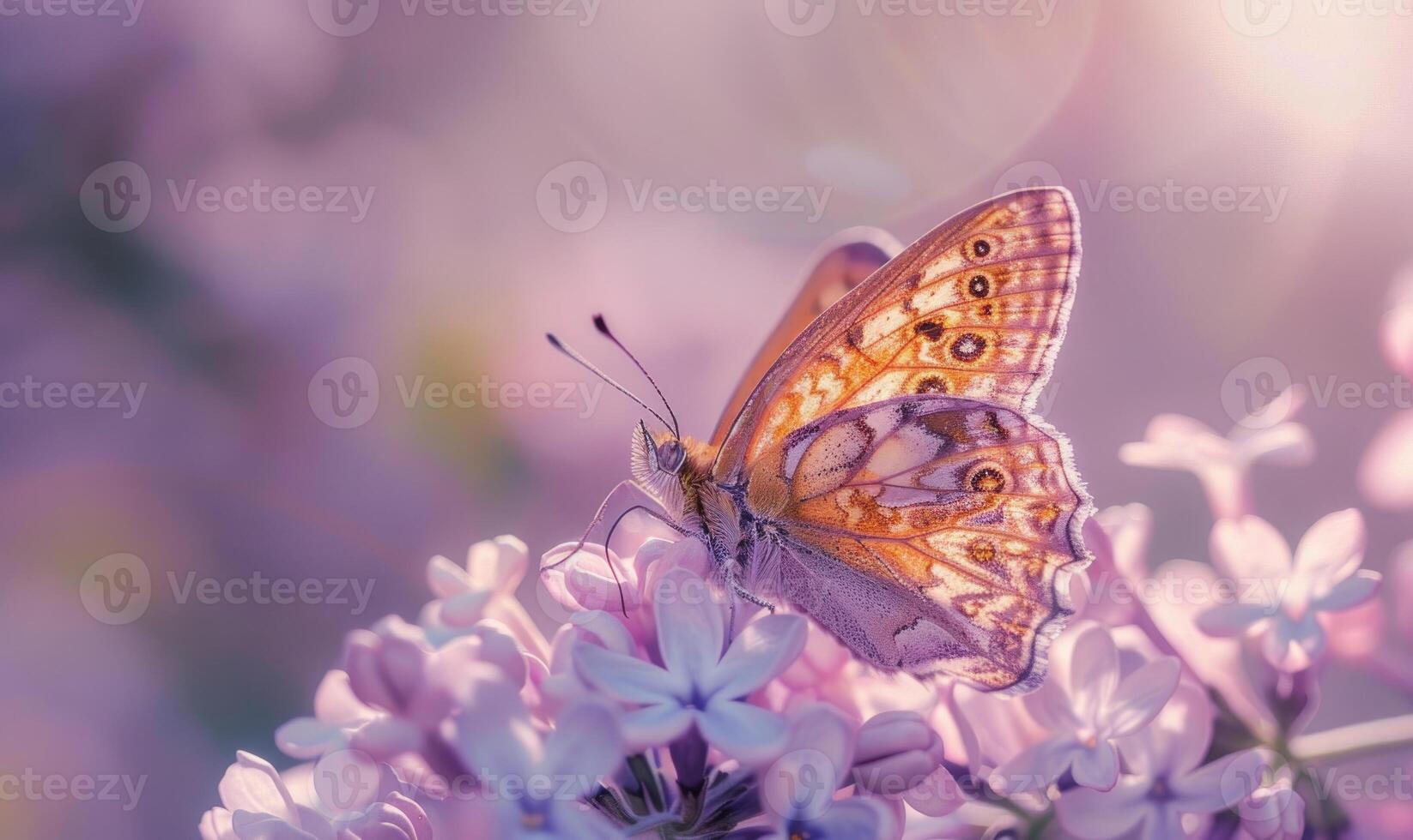 Close-up of a butterfly resting on lilac blossoms photo