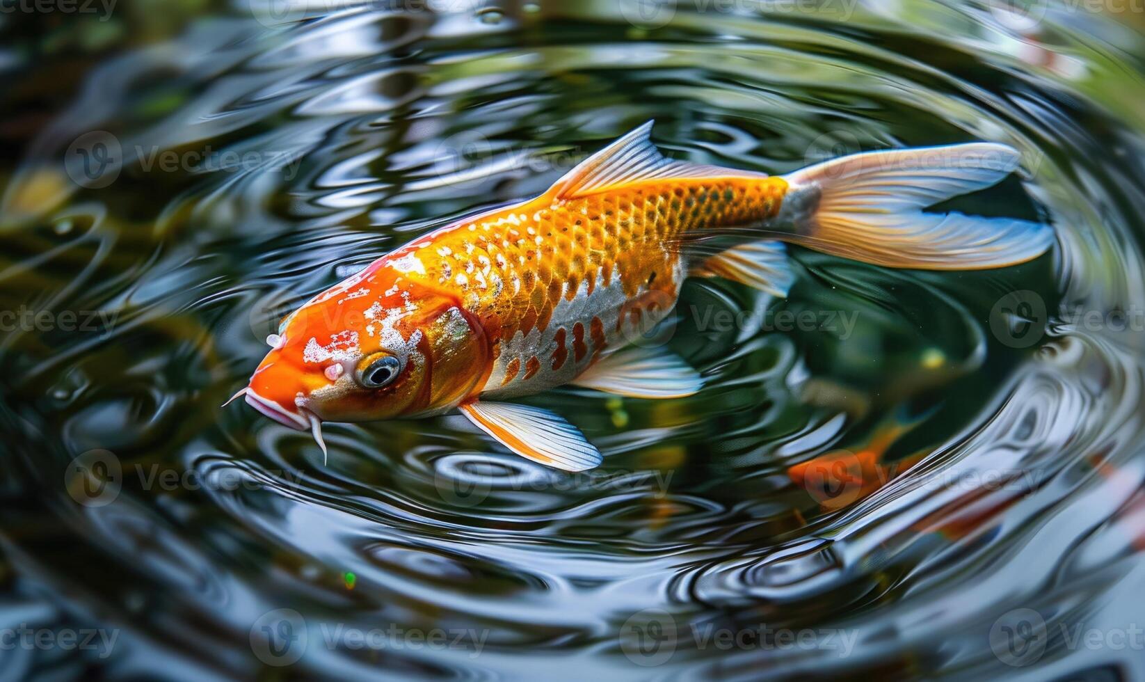 Close-up of a koi fish gliding through the clear waters of a pond photo