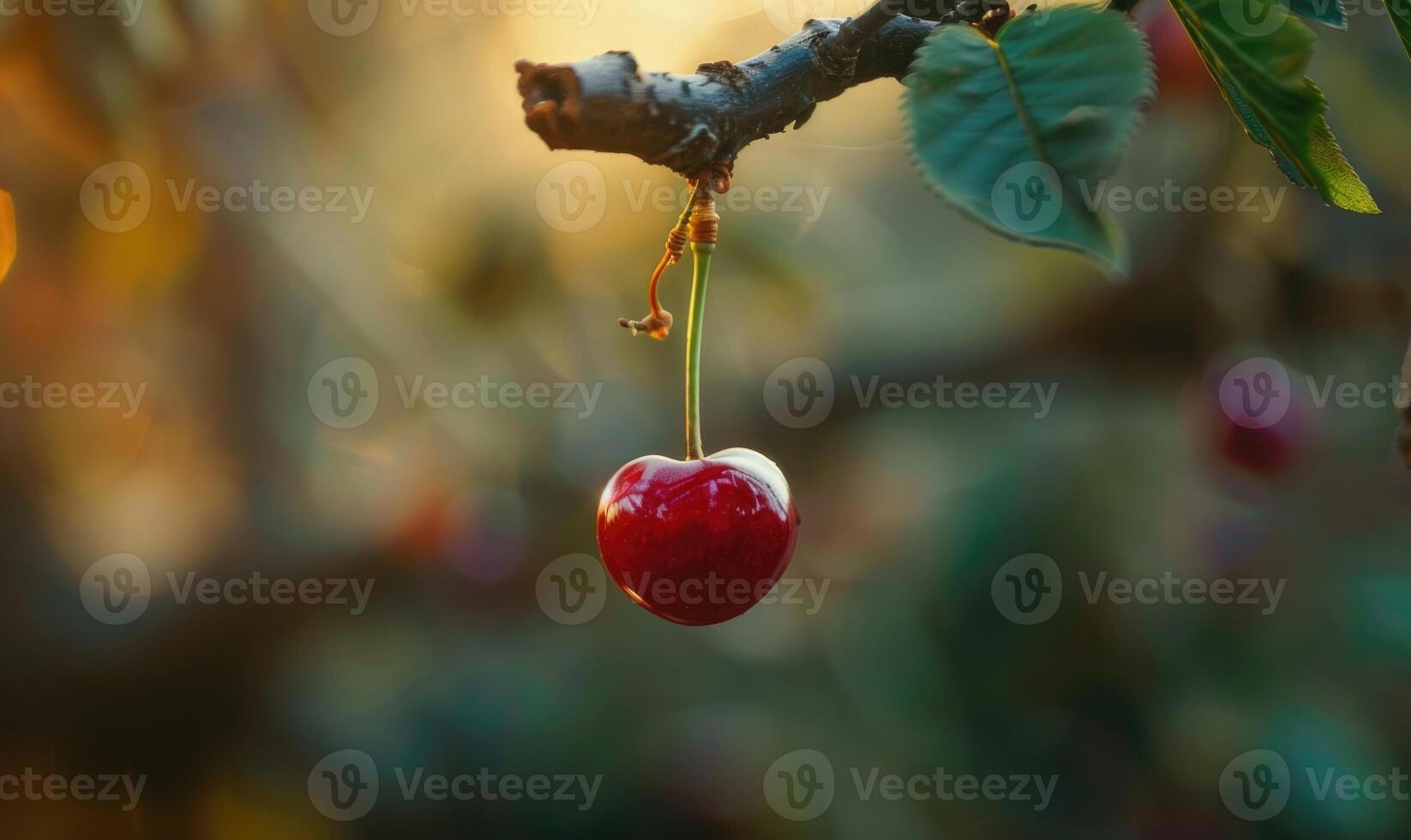 Close-up of a single ripe cherry hanging from a tree branch photo