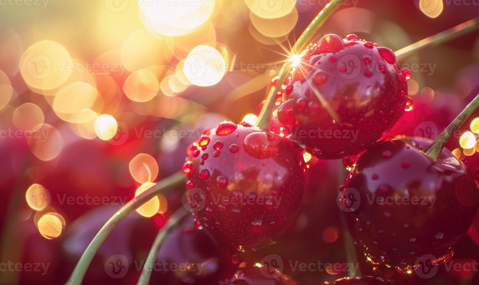 Close-up of a cluster of ripe cherries glistening in the sunlight photo