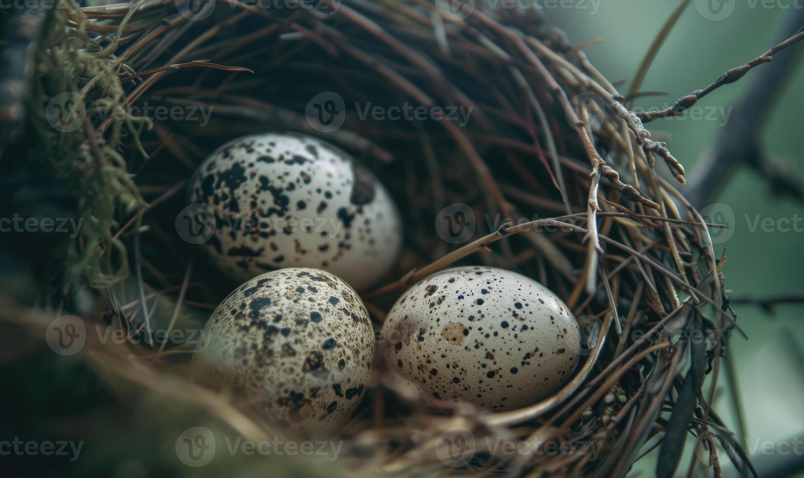 Close-up of a nest with speckled eggs photo