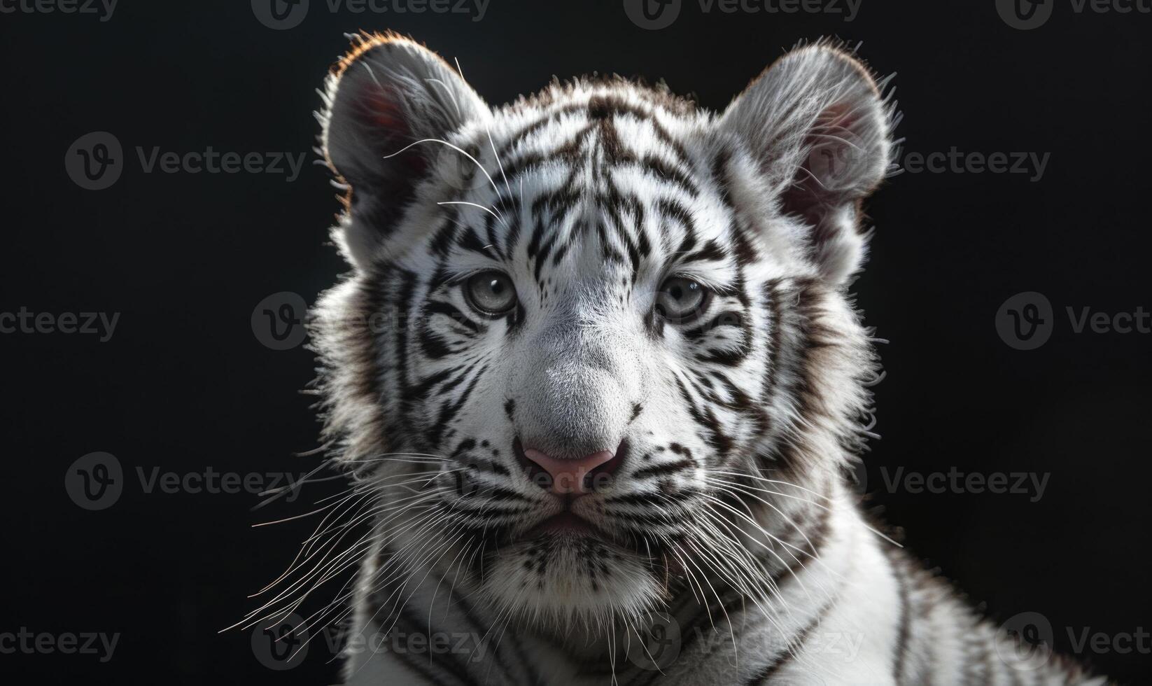 Close-up of a white tiger cub playing under studio lights photo