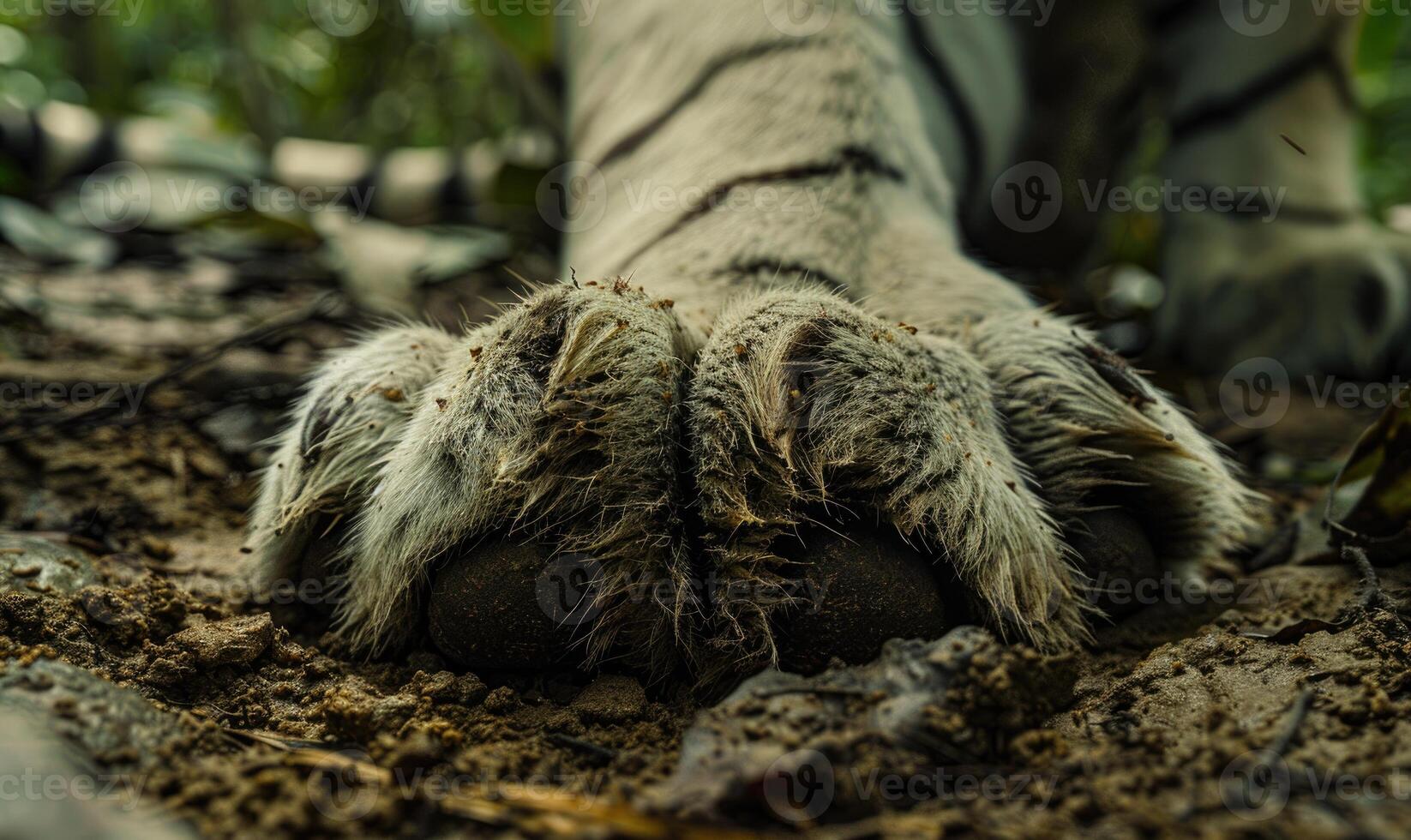 Close-up of a white tiger's paw leaving prints in the soft earth photo