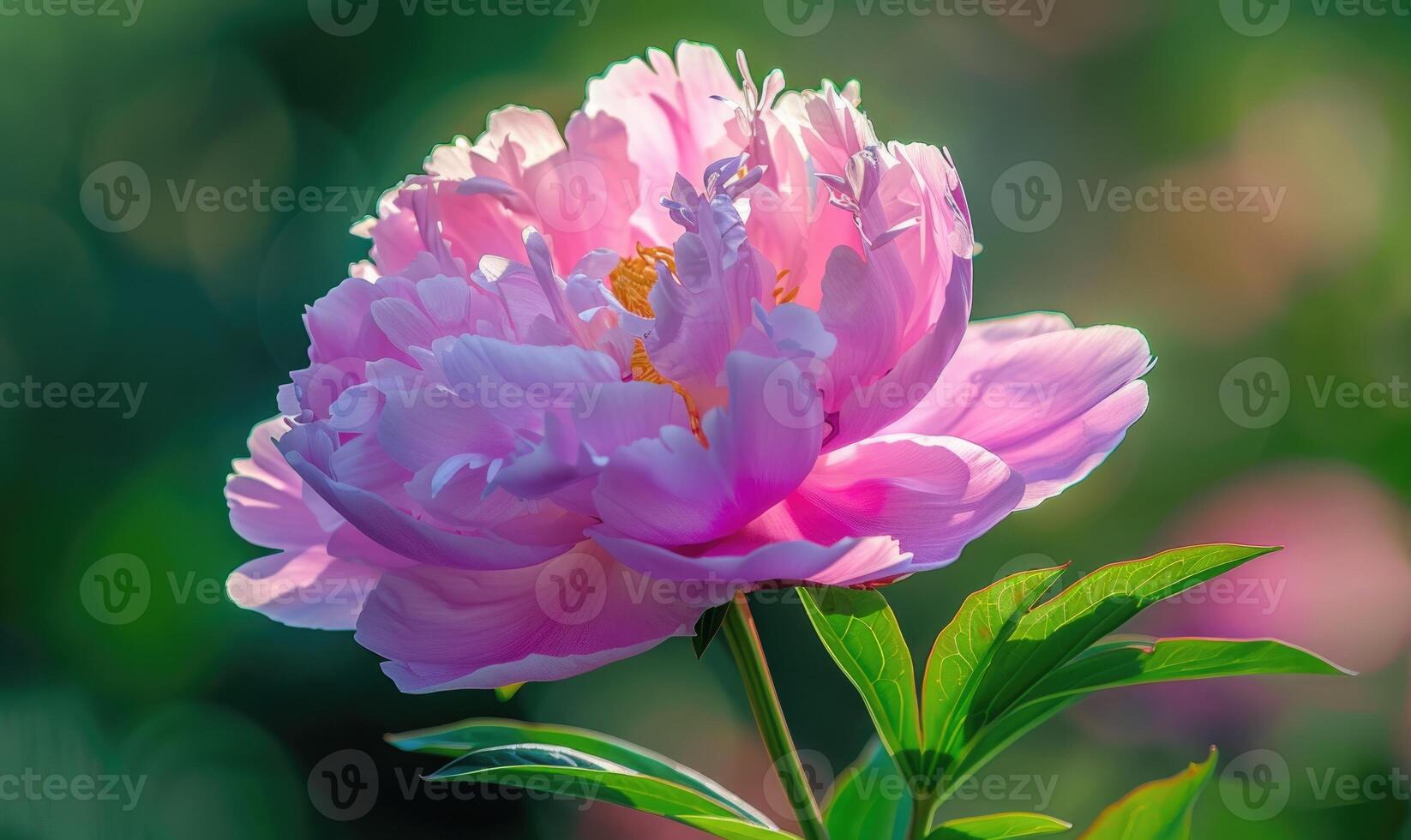 Close-up of a pink peony in full bloom in a garden photo