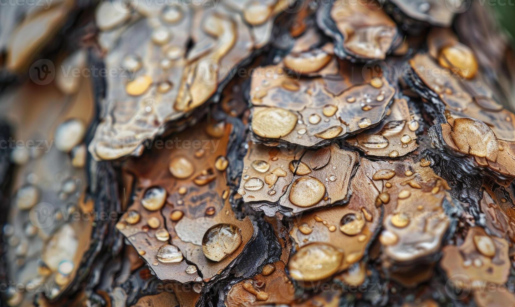 Close-up of cedar bark with raindrops clinging to its textured surface photo