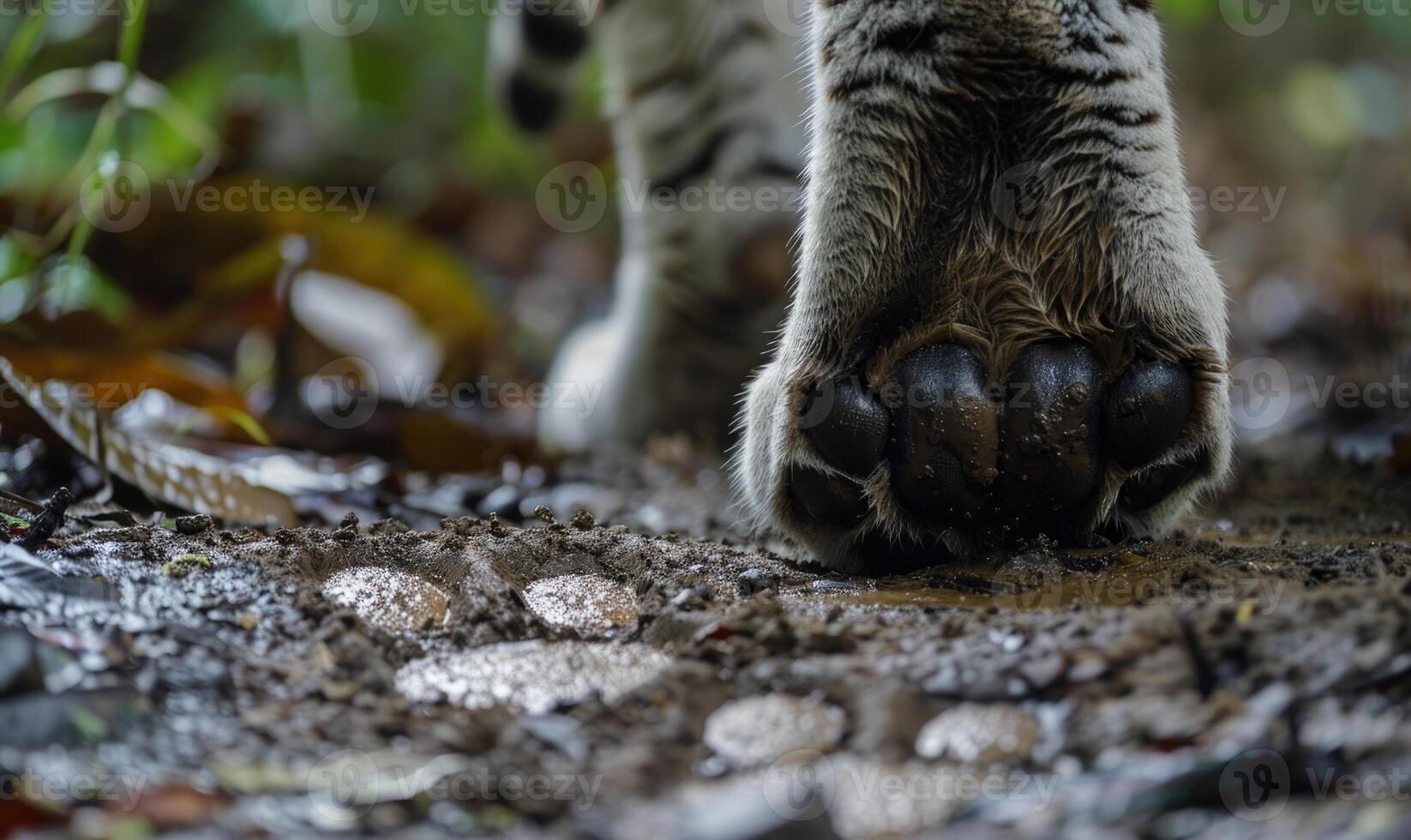 Close-up of a white tiger's paw leaving prints in the soft earth photo