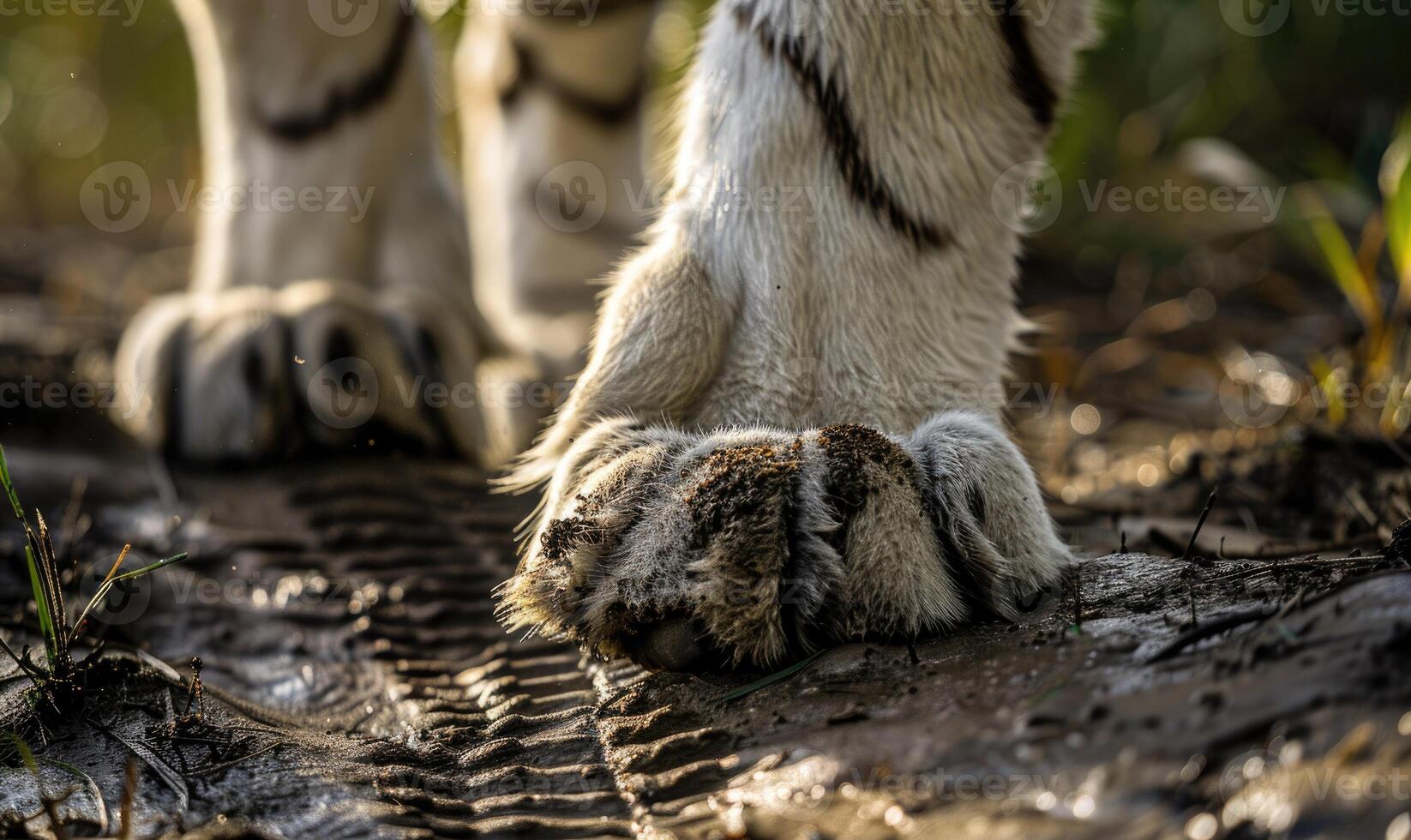 Close-up of a white tiger's paw leaving prints in the soft earth photo