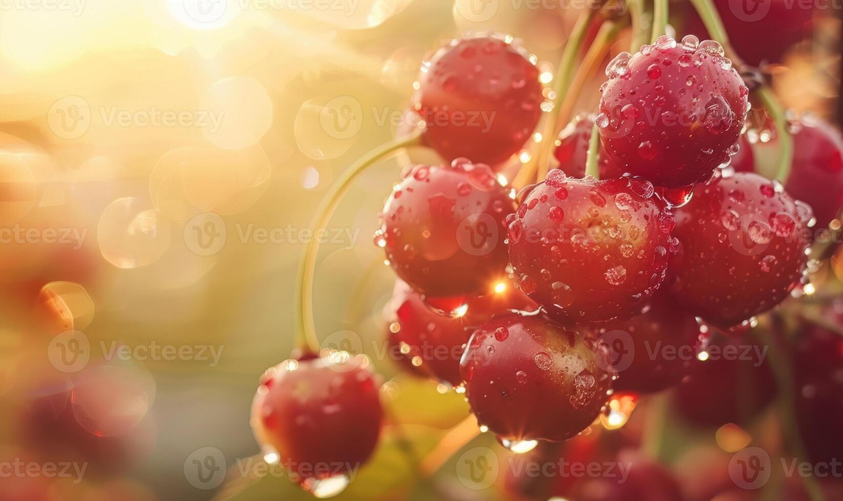 Close-up of a cluster of ripe cherries glistening in the sunlight photo