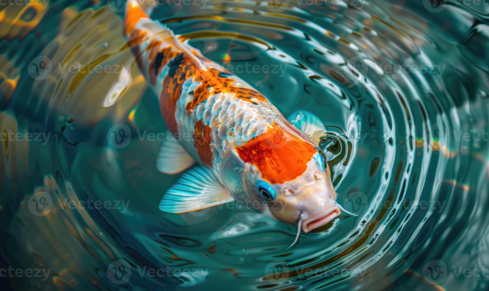 de cerca de vistoso koi pescado nadando en el claro aguas de un primavera lago foto