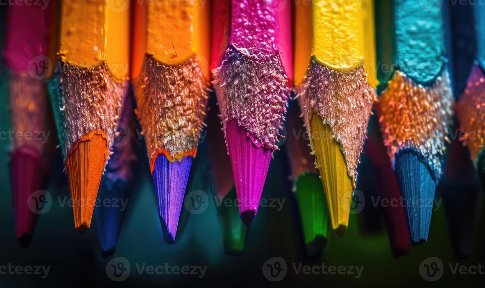 Close-up of sharpened colored pencils in a holder photo