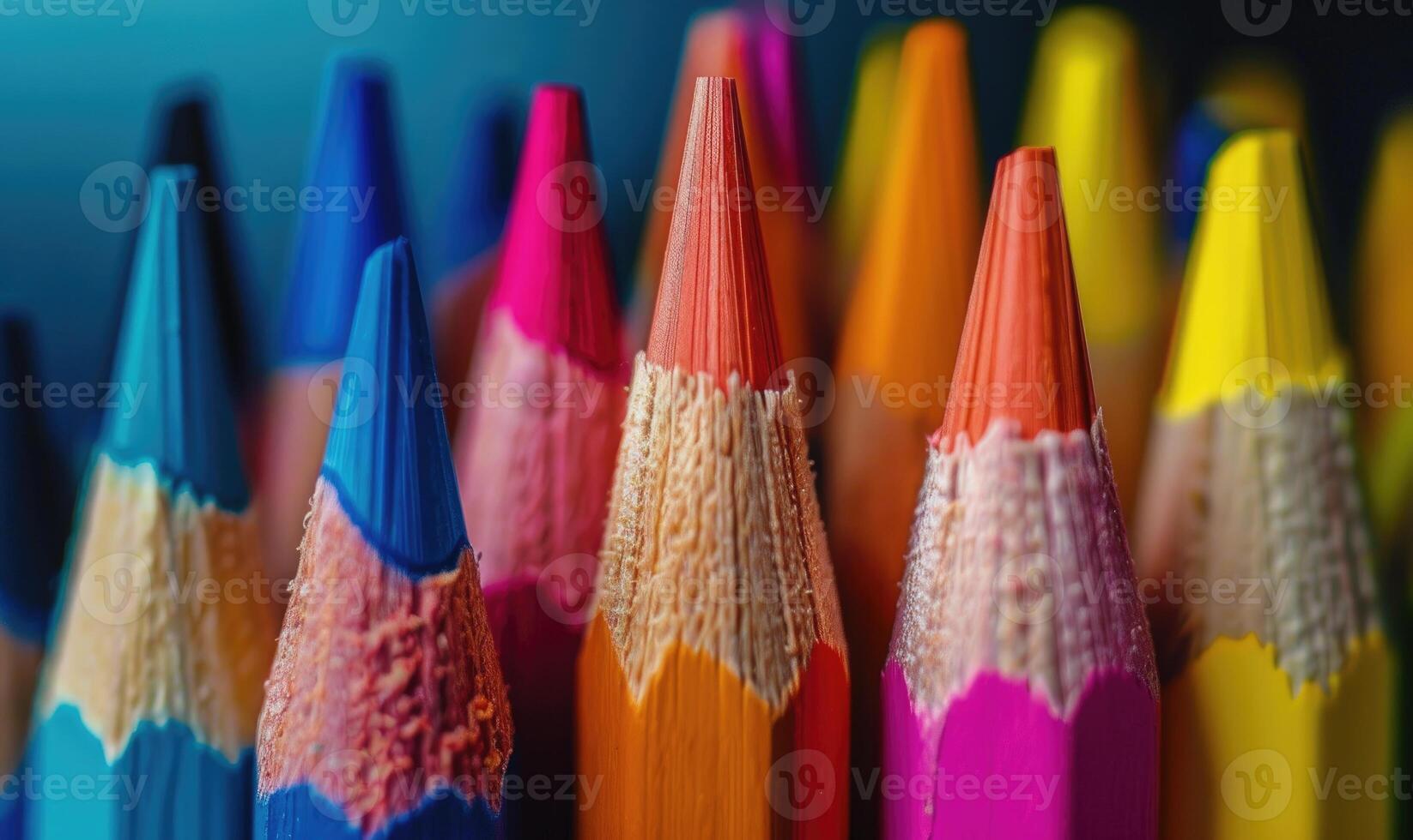 Close-up of a bunch of colored pencils, abstract background with colored pencils macro view photo