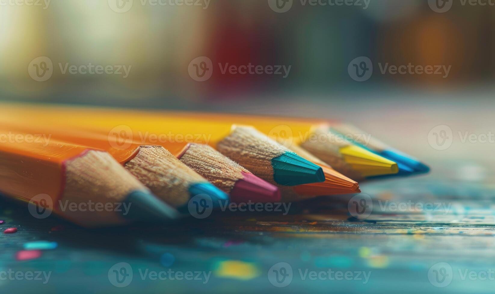 Close-up of a bunch of colored pencils, abstract background with colored pencils macro view photo