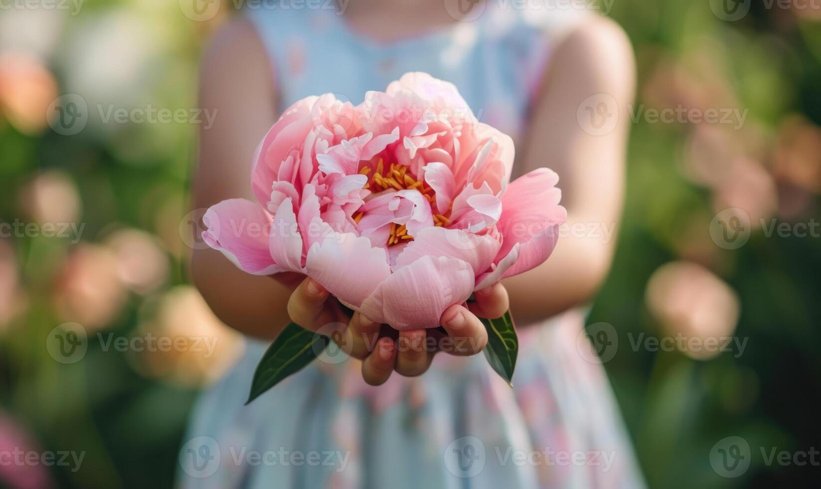 Close-up of a peony flower being held by a child in a garden photo