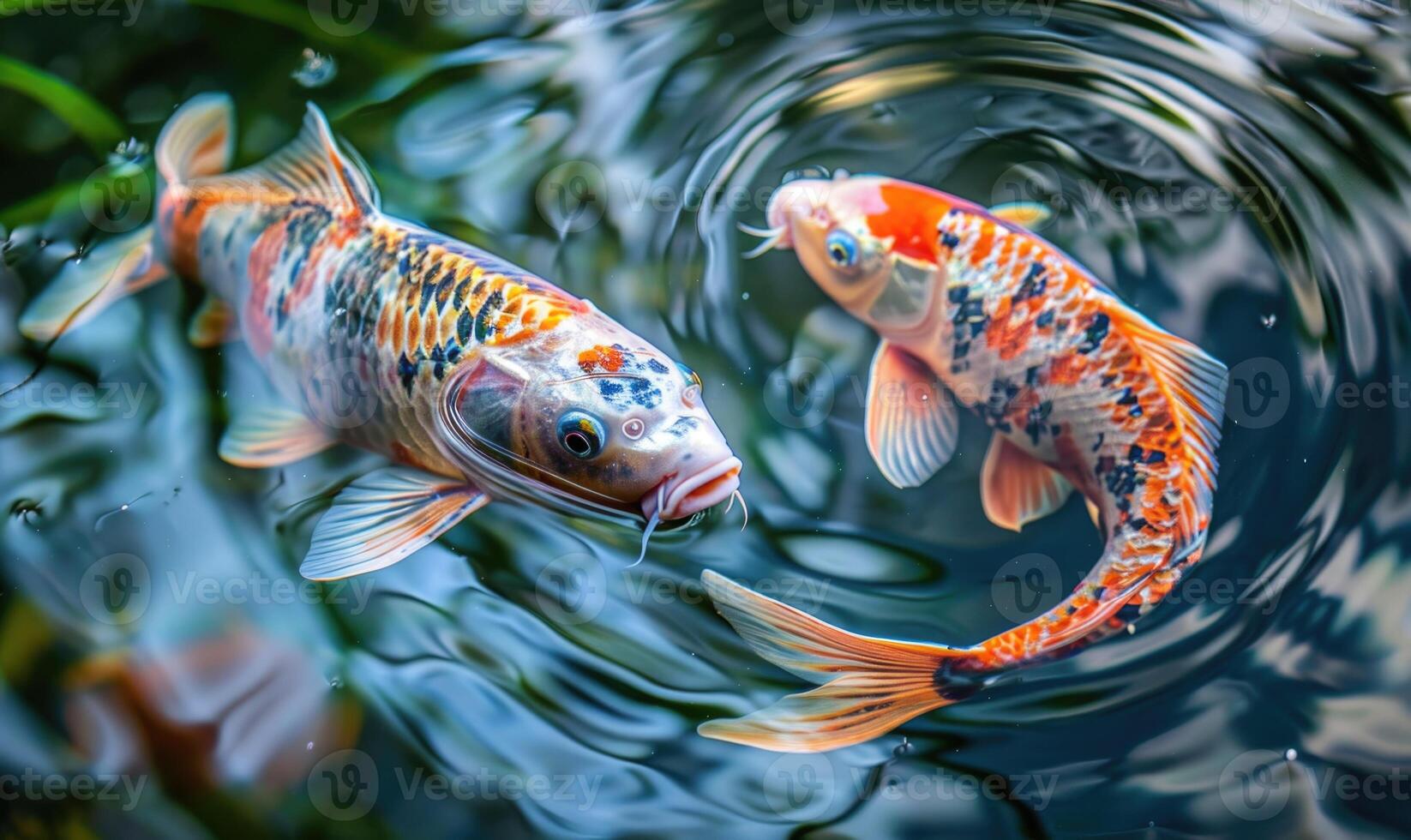 Close-up of a pair of koi fish swimming in a pond photo