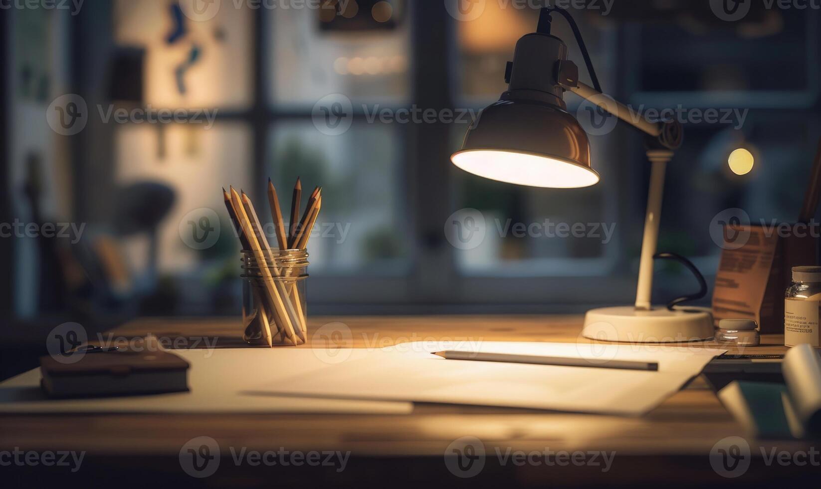 Graphite pencils and white paper illuminated by the soft glow of a desk lamp photo