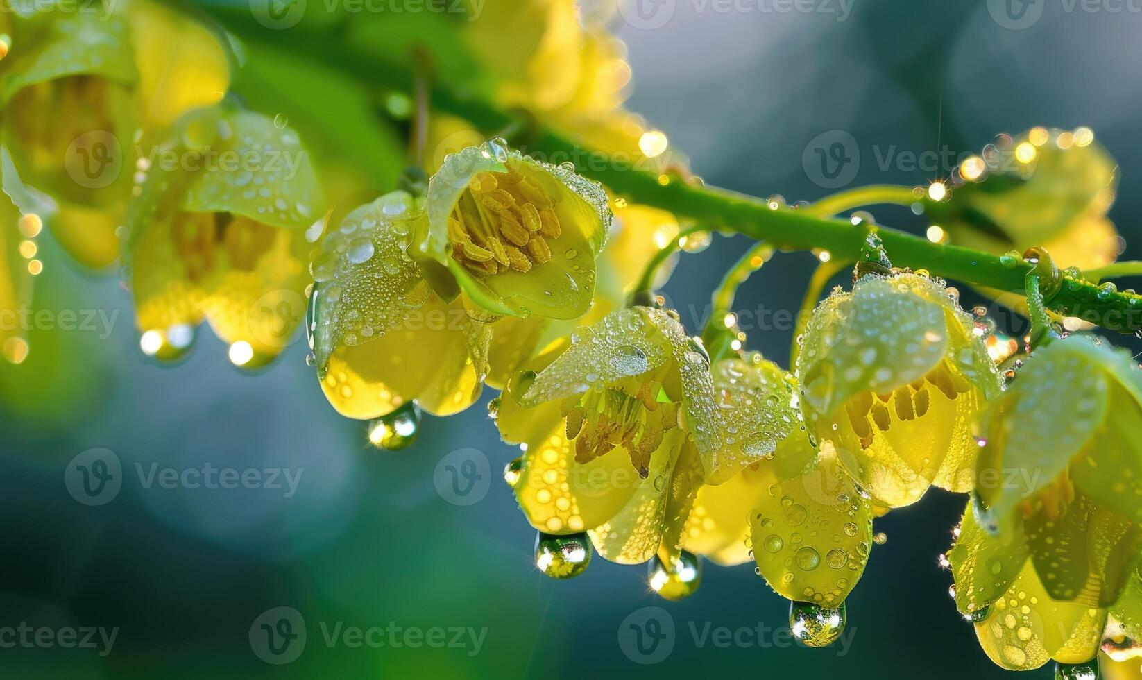 Close-up of dew-covered laburnum flowers in the early morning photo