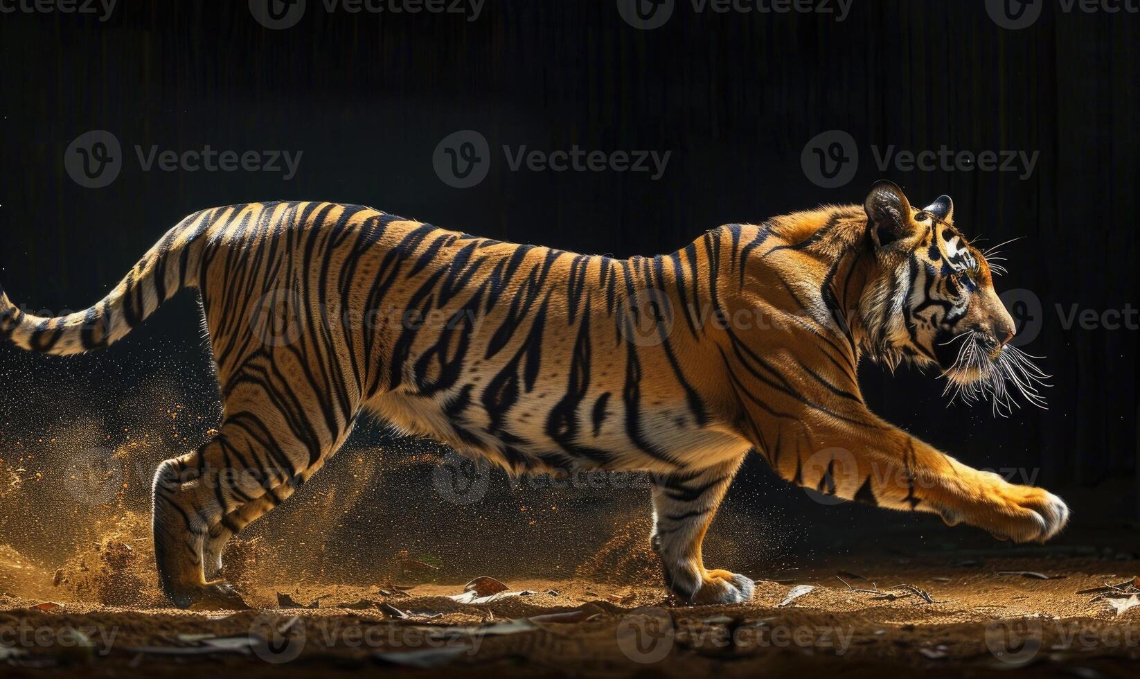 An Indochinese tiger captured in motion against a studio backdrop, tiger on black background photo