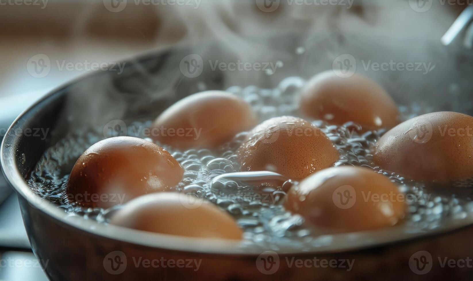 Eggs boiling in a pot of water, closeup view photo