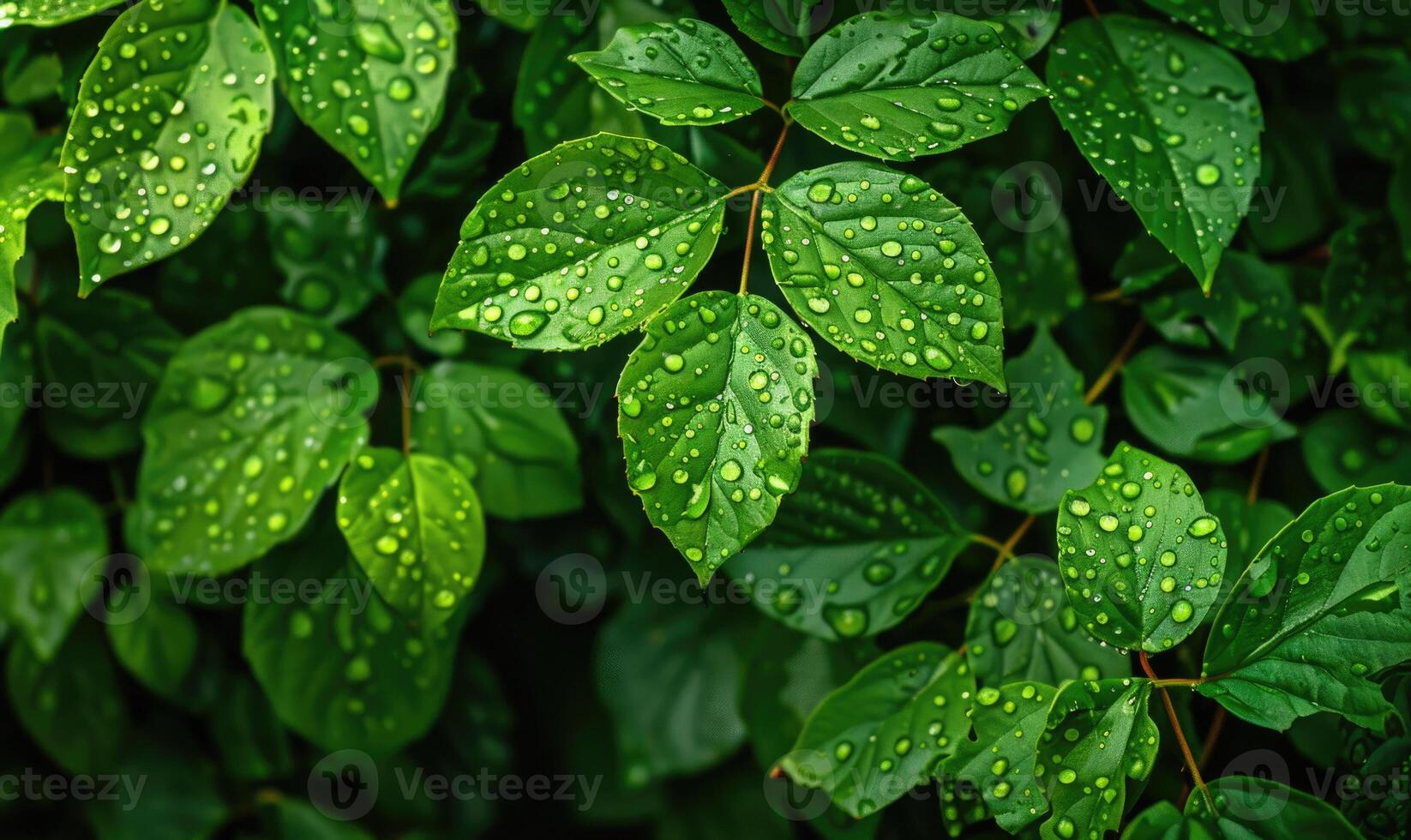 Close-up of raindrops clinging to vibrant green leaves in a lush garden photo