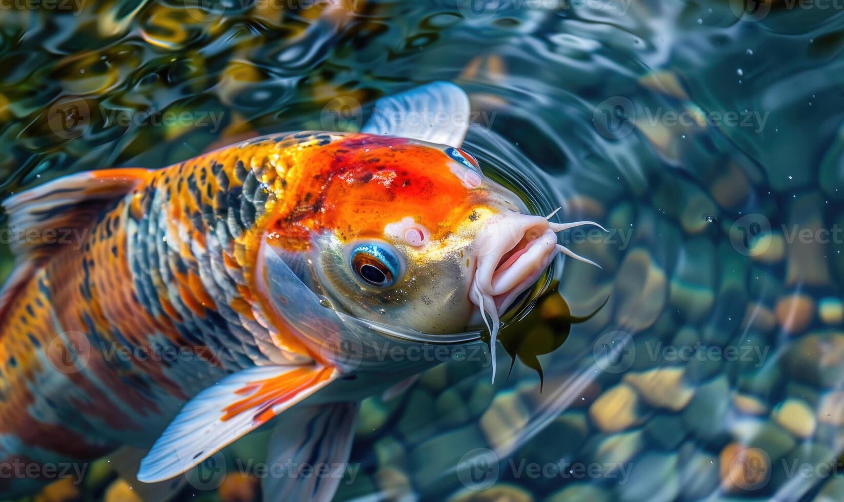 Close-up of colorful koi fish swimming in the clear waters of a spring lake photo