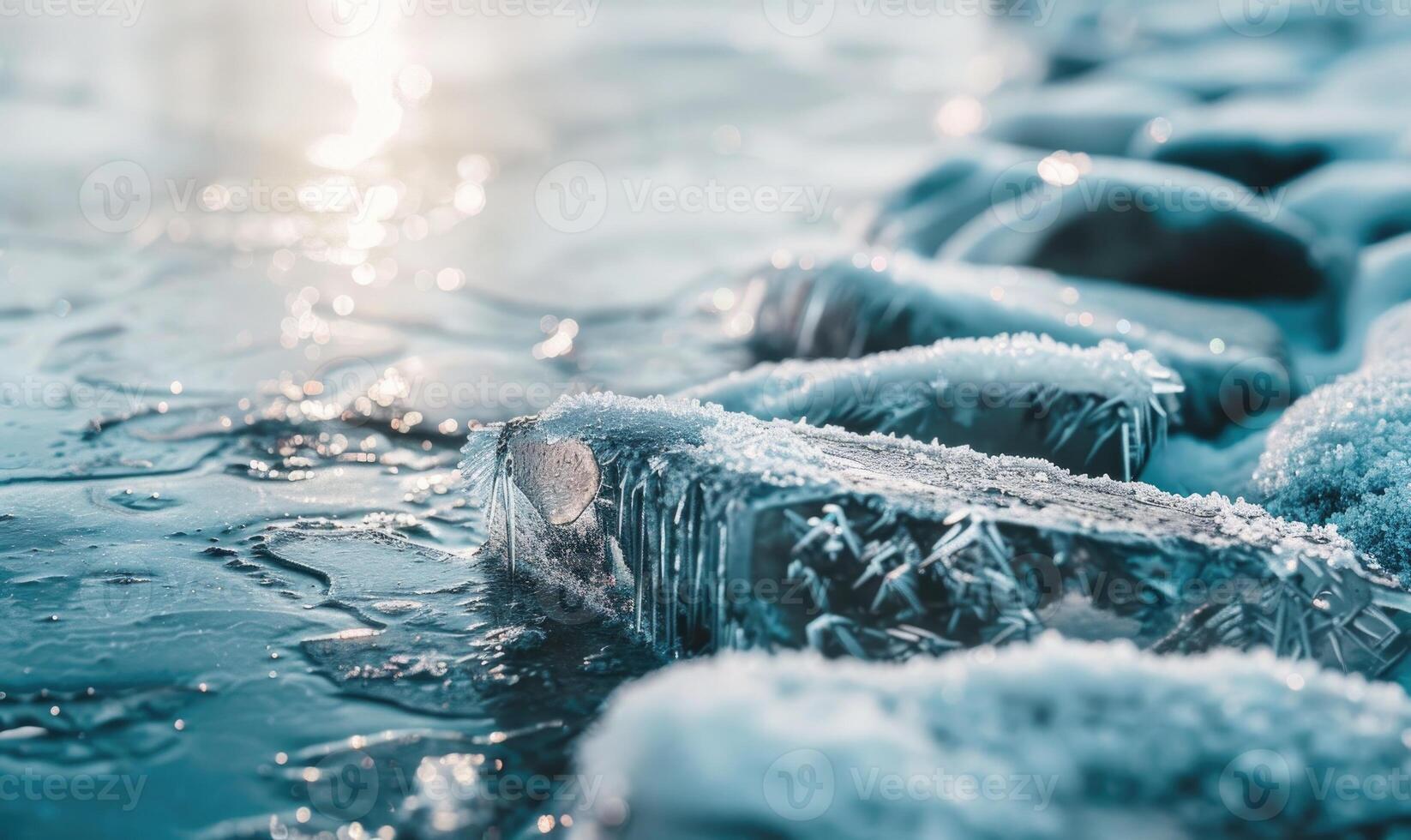 Close-up of frost-covered rocks along the edge of a frozen lake photo