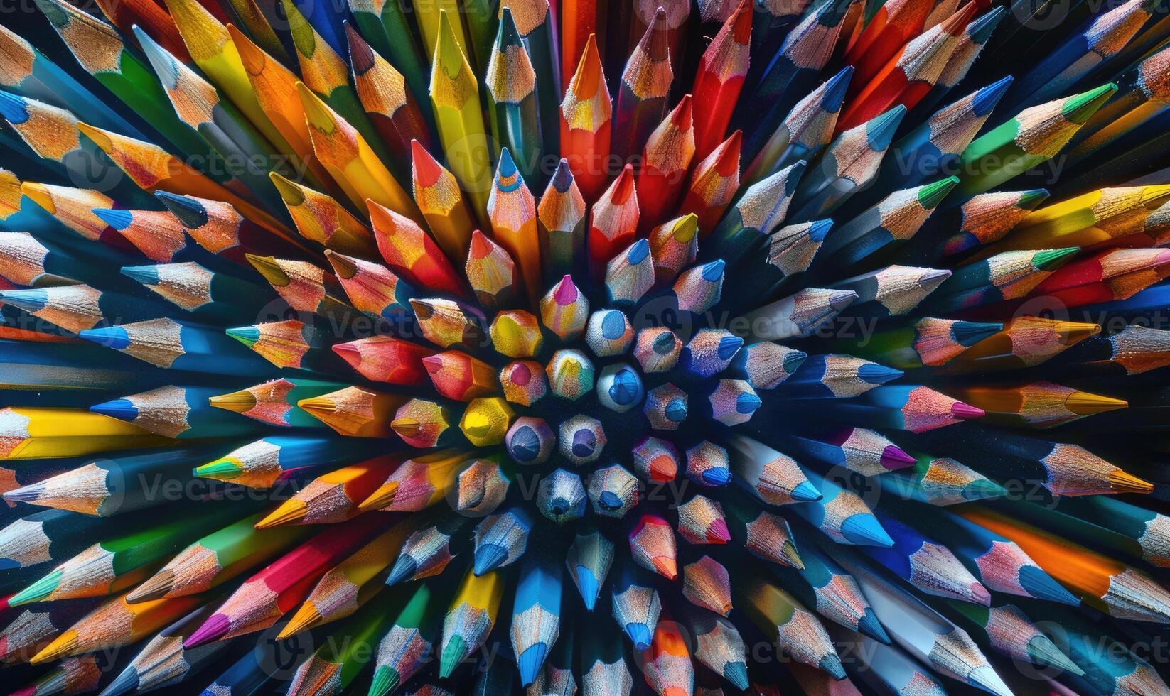 Colored pencils arranged in a circular pattern photo