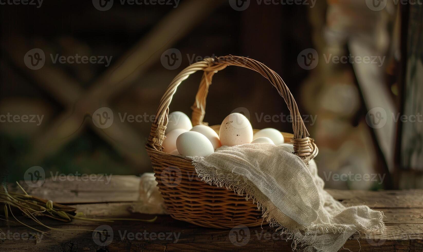 Eggs arranged in a wicker basket photo