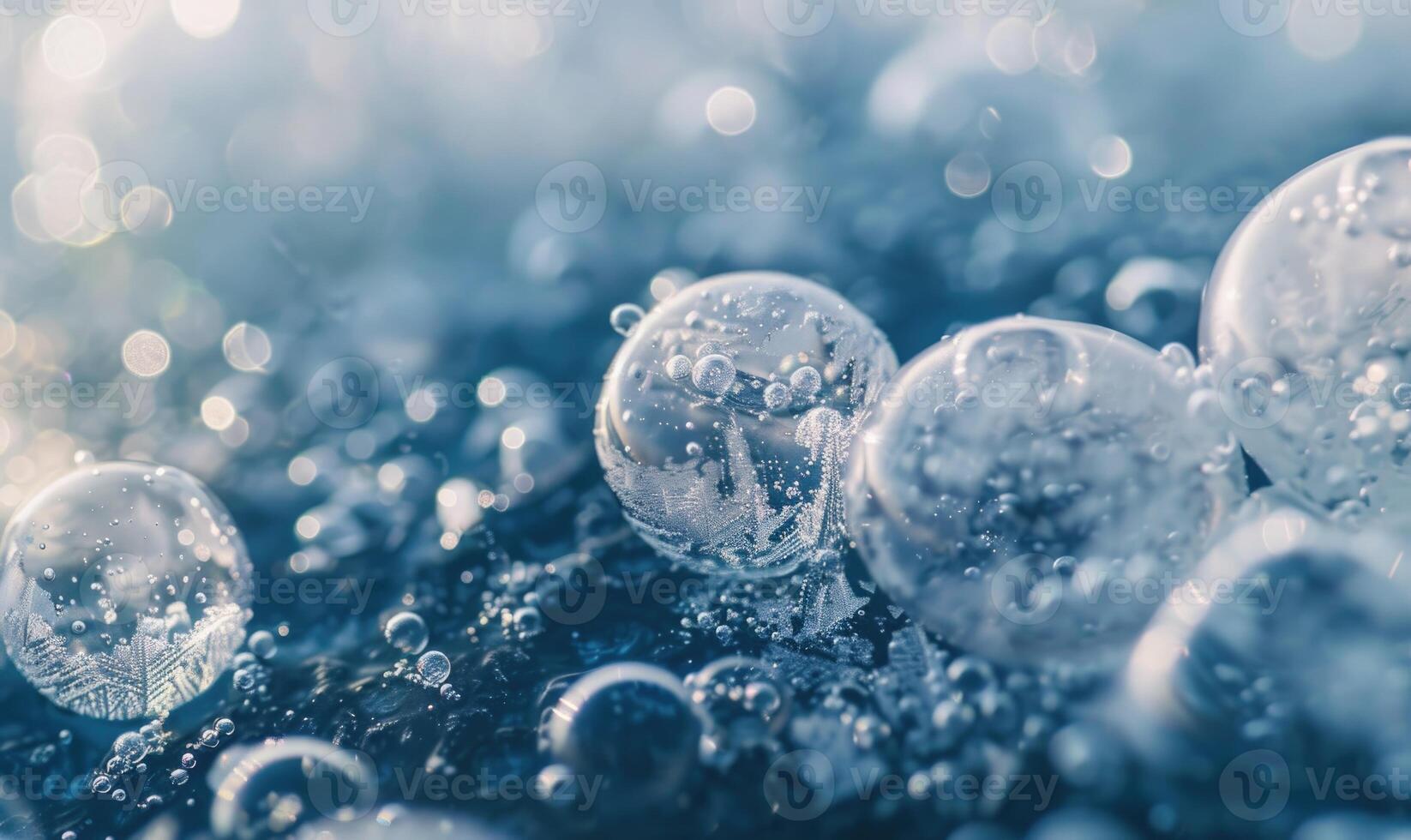 Close-up of frozen bubbles trapped beneath the surface of a lake photo