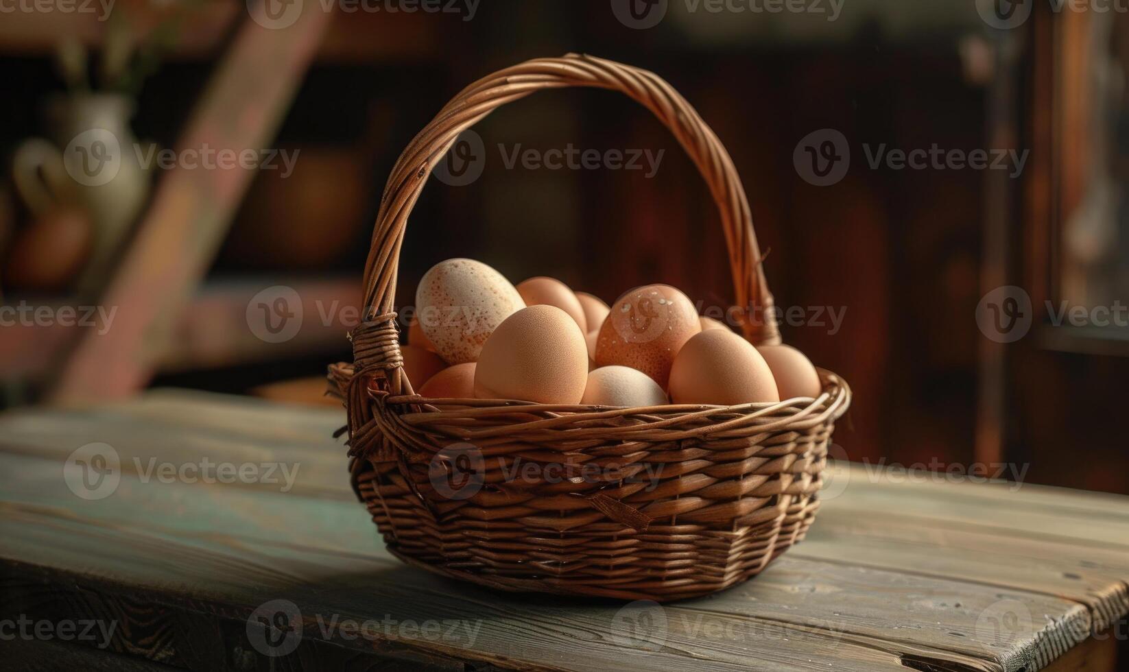 Eggs arranged in a wicker basket photo