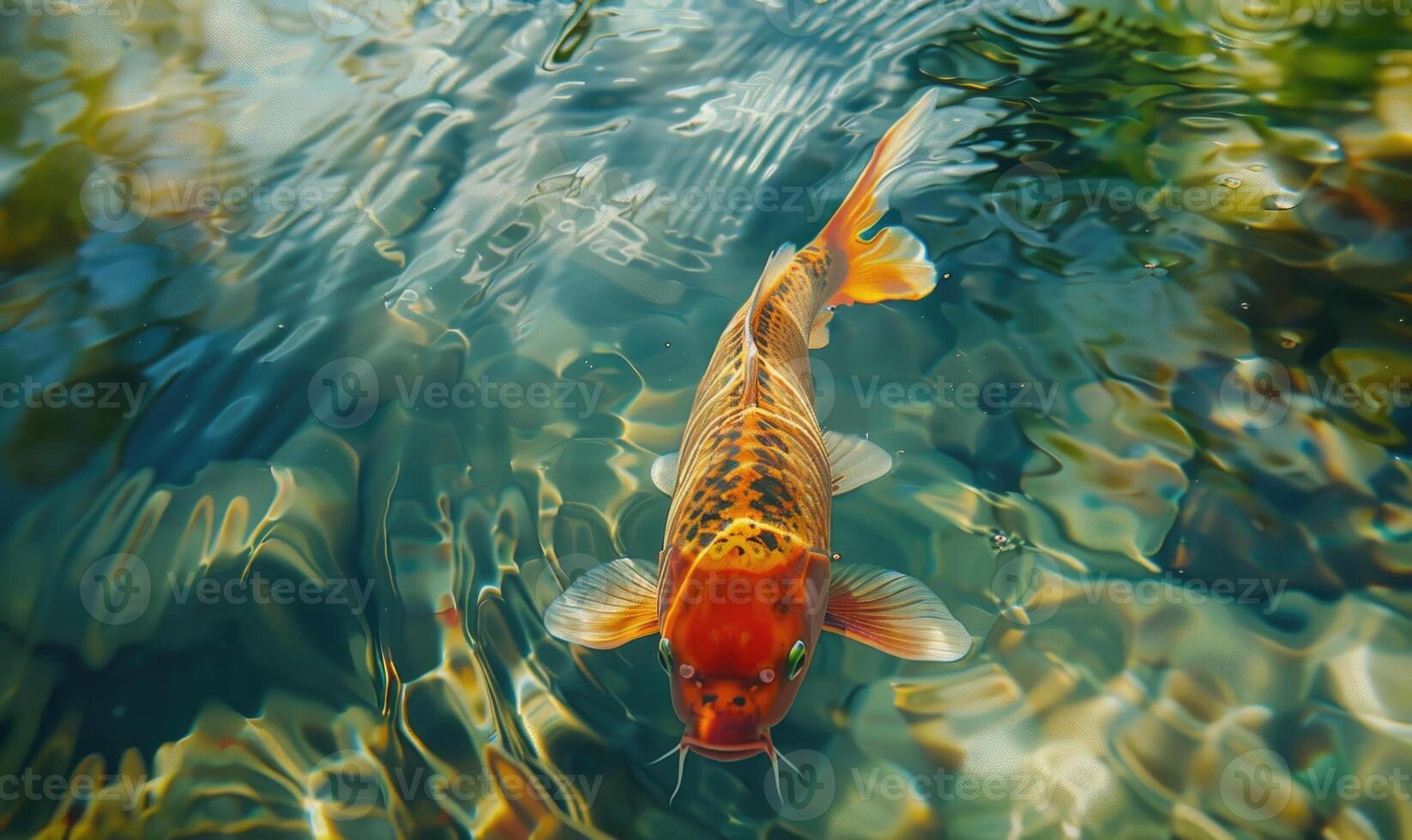 Close-up of colorful koi fish swimming in the clear waters of a spring lake photo