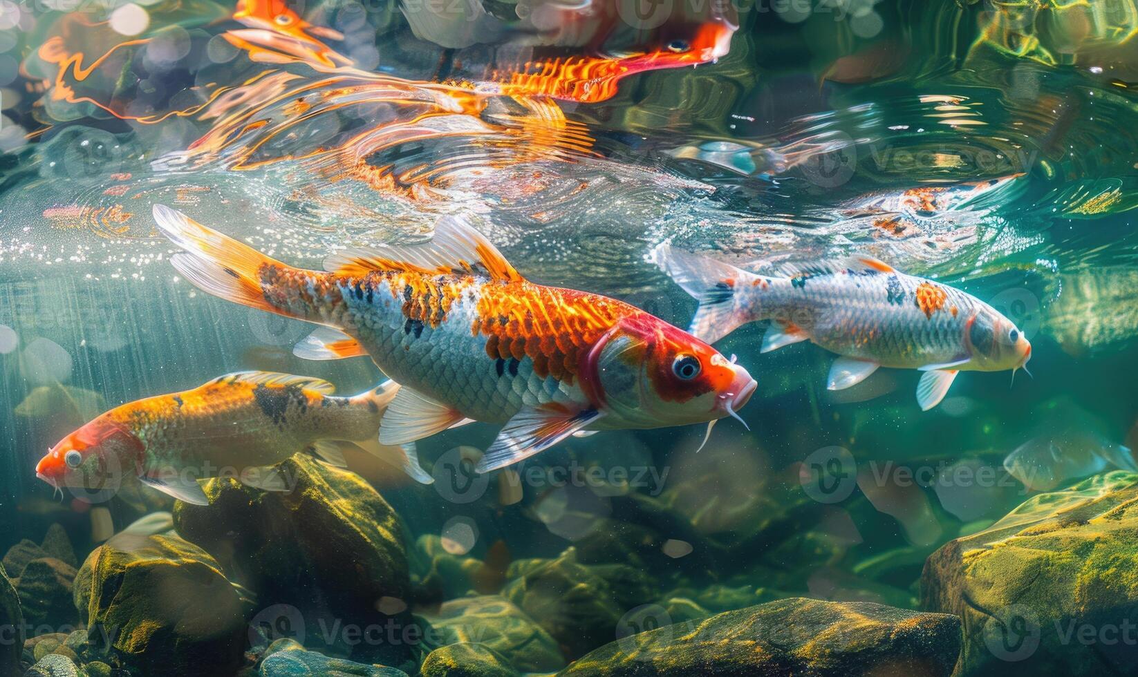 Close-up of colorful koi fish swimming in the clear waters of a spring lake photo