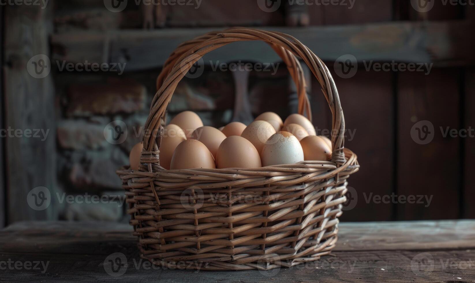 Eggs arranged in a wicker basket photo