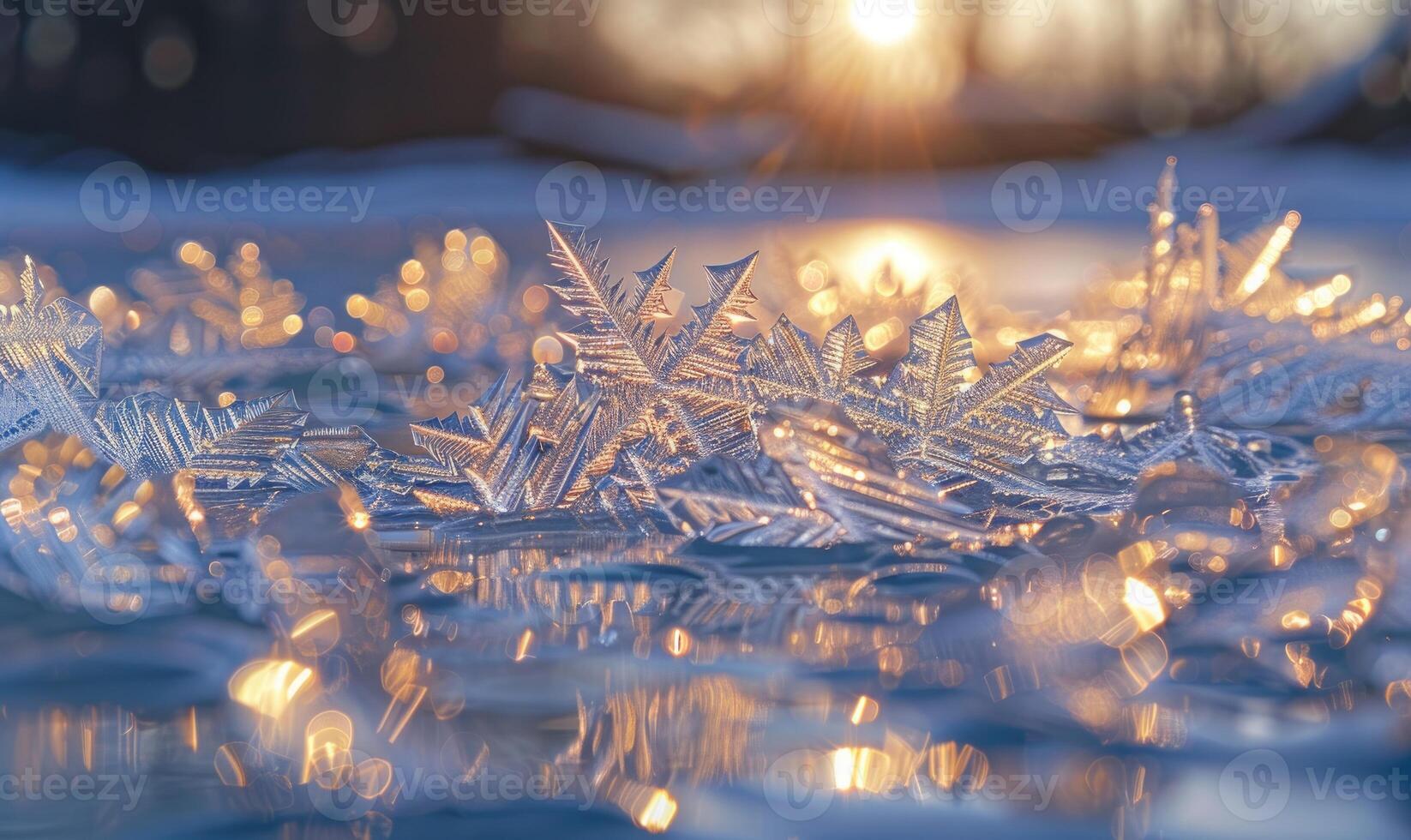 Close-up of icy patterns forming on the surface of a frozen lake photo